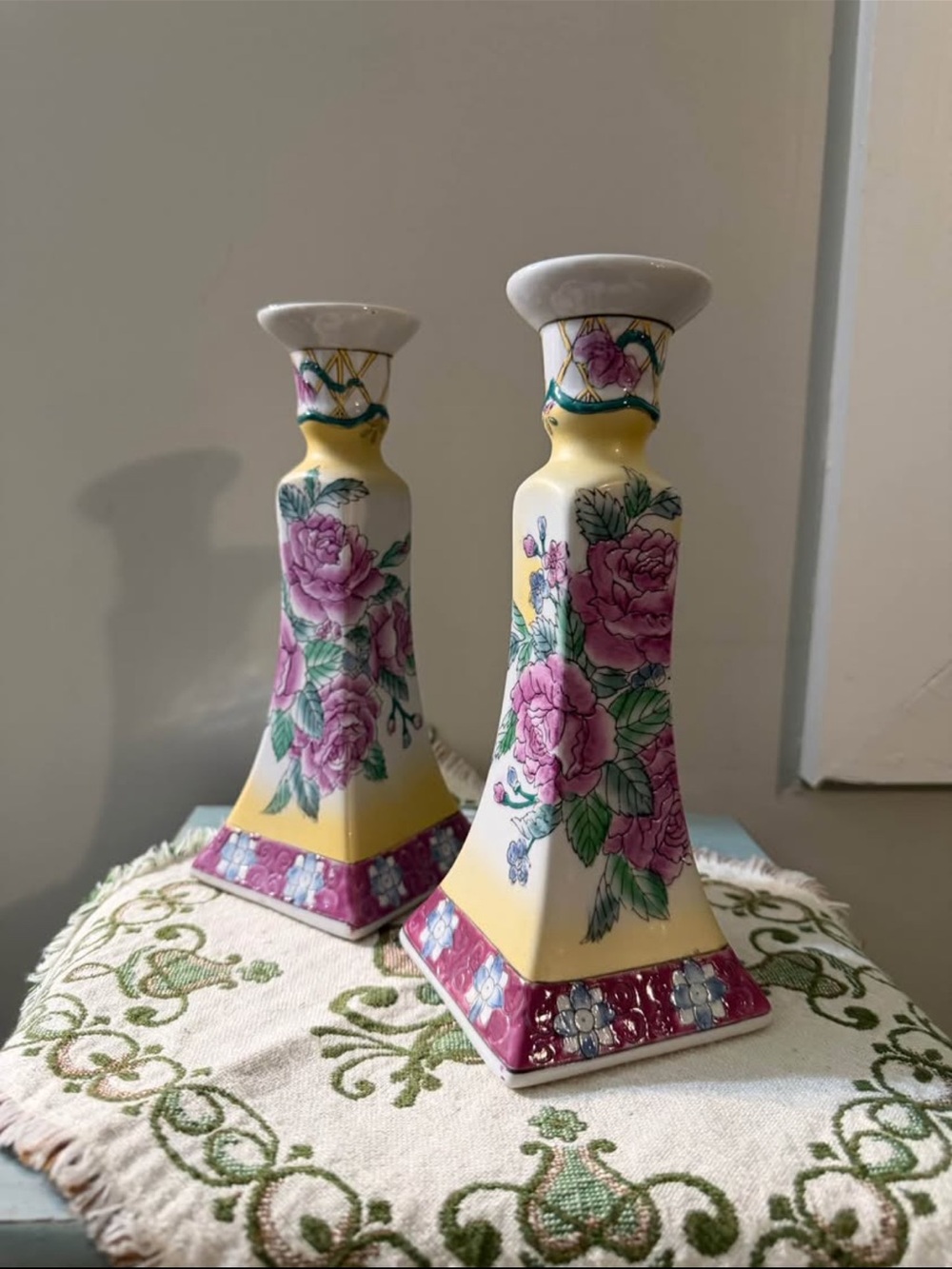 Chinoiserie Style Yellow and Pink Floral Porcelain Candlestick Pair